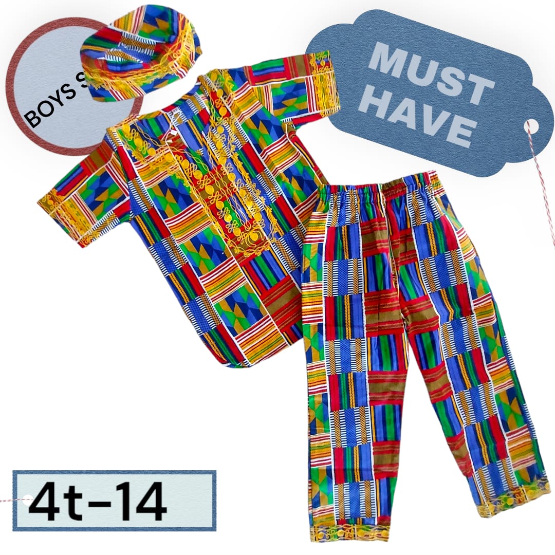 Boys 3 Pcs Kente  Set/ Pant/Tunic/Kufi Hat