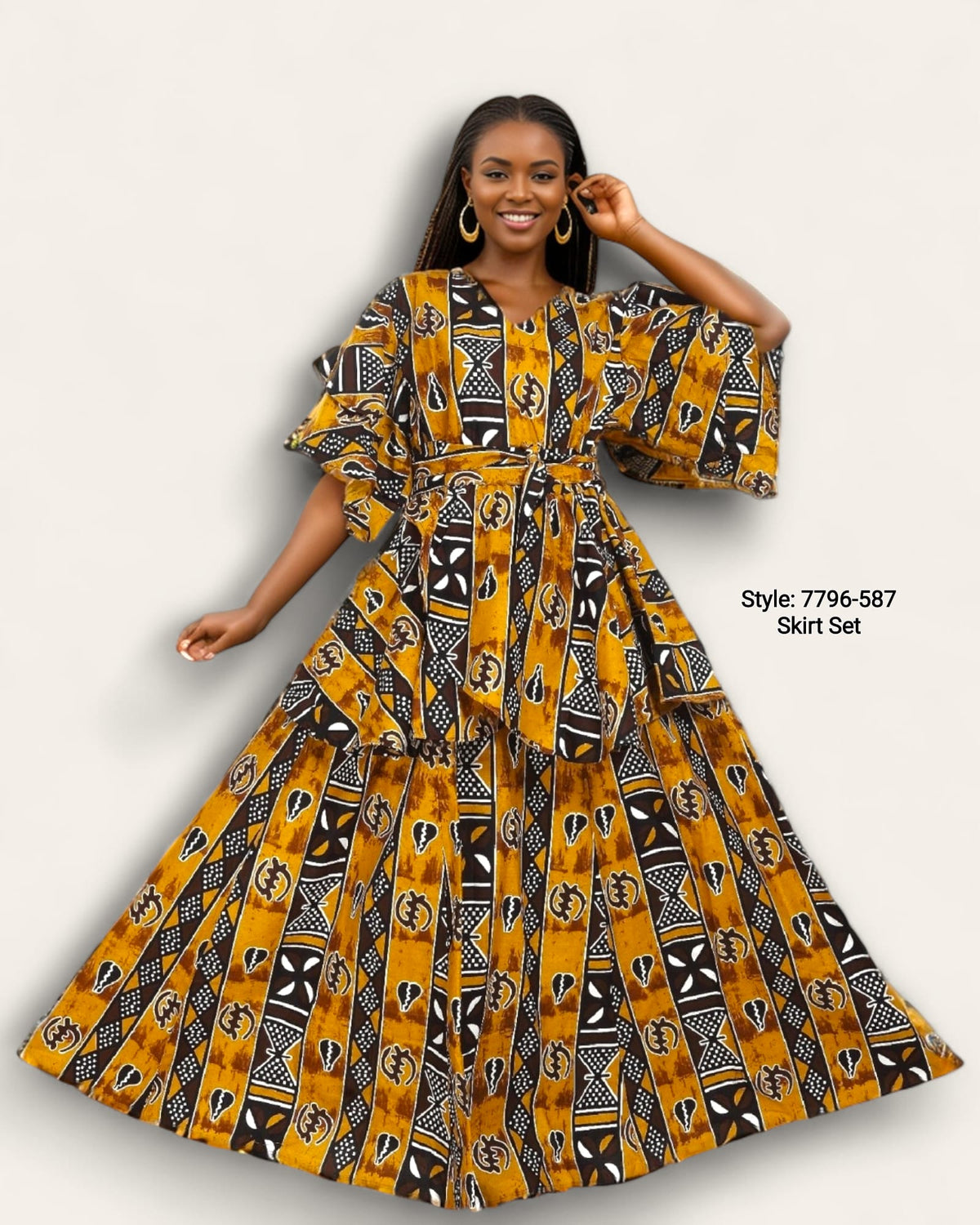 7796 Set / Long Skirt & Wrap Blouse Set Print 587