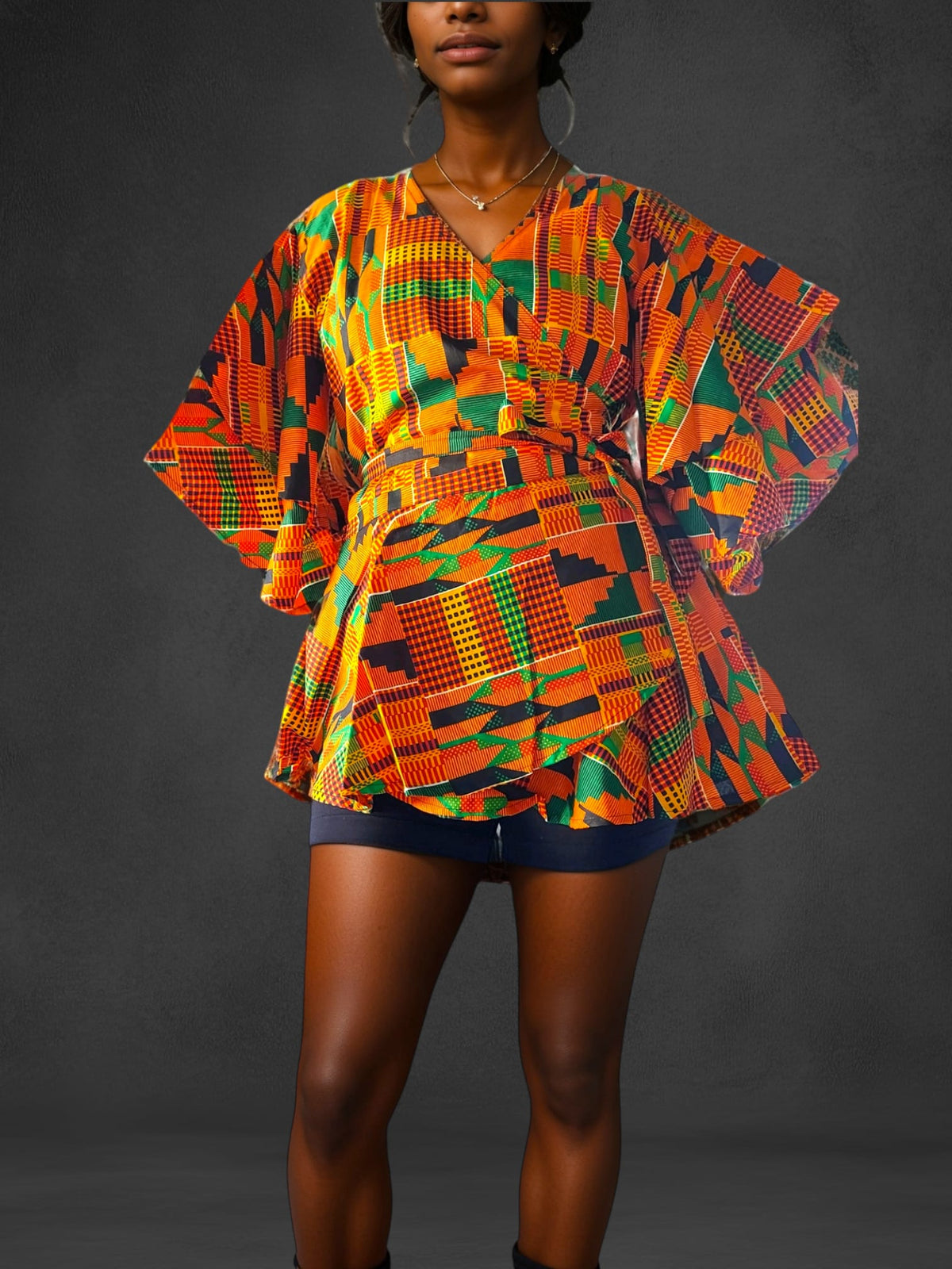 1203 - Wrap Blouse/ Orange Kente