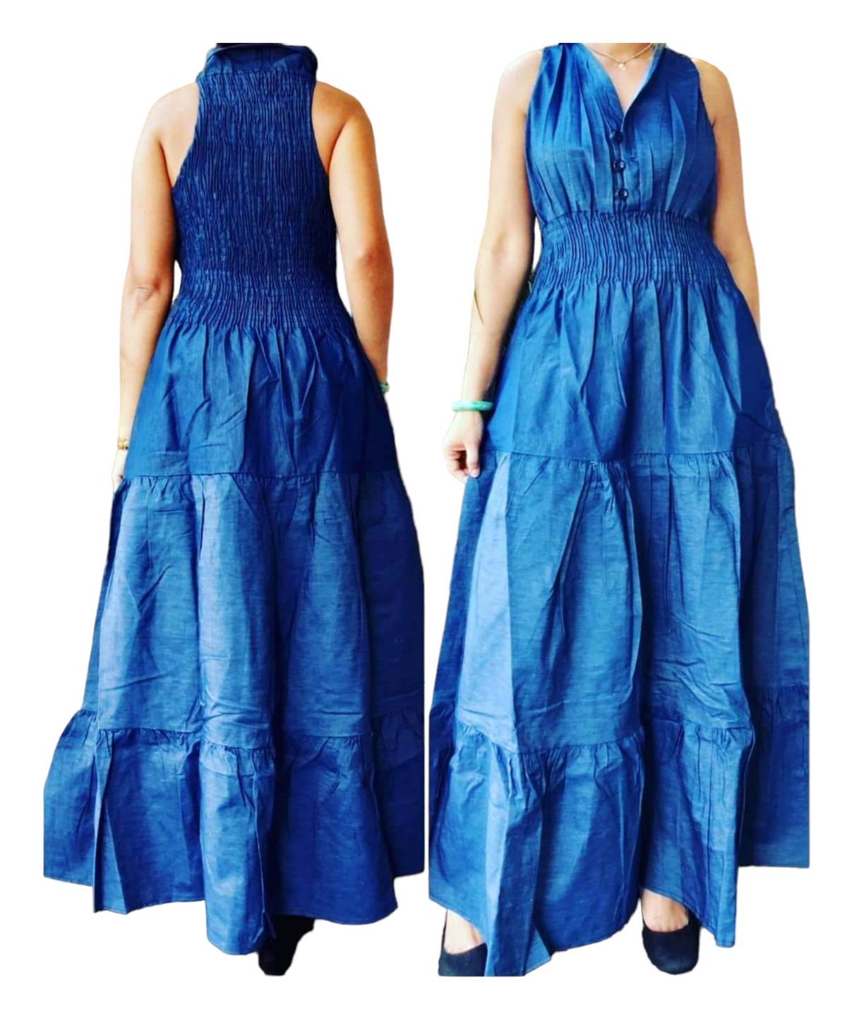 5005 Long Denim Smocked Dress -Indigo Blue