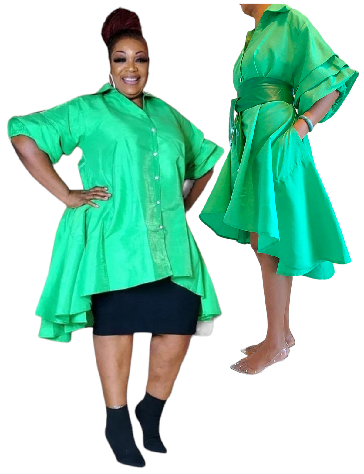 Swing Dress/ Faux Silk/ Ruffle Sleeve - 25013 Green