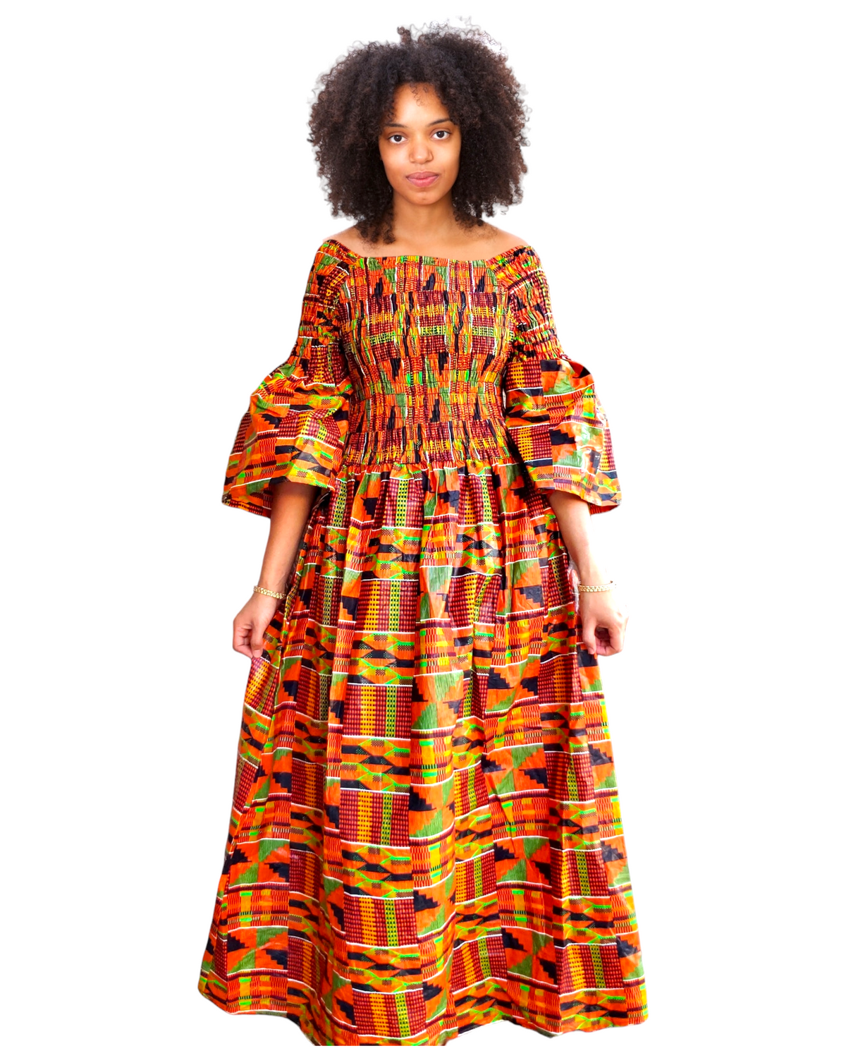 024 Women Long Smocked Dress- Orange Kente