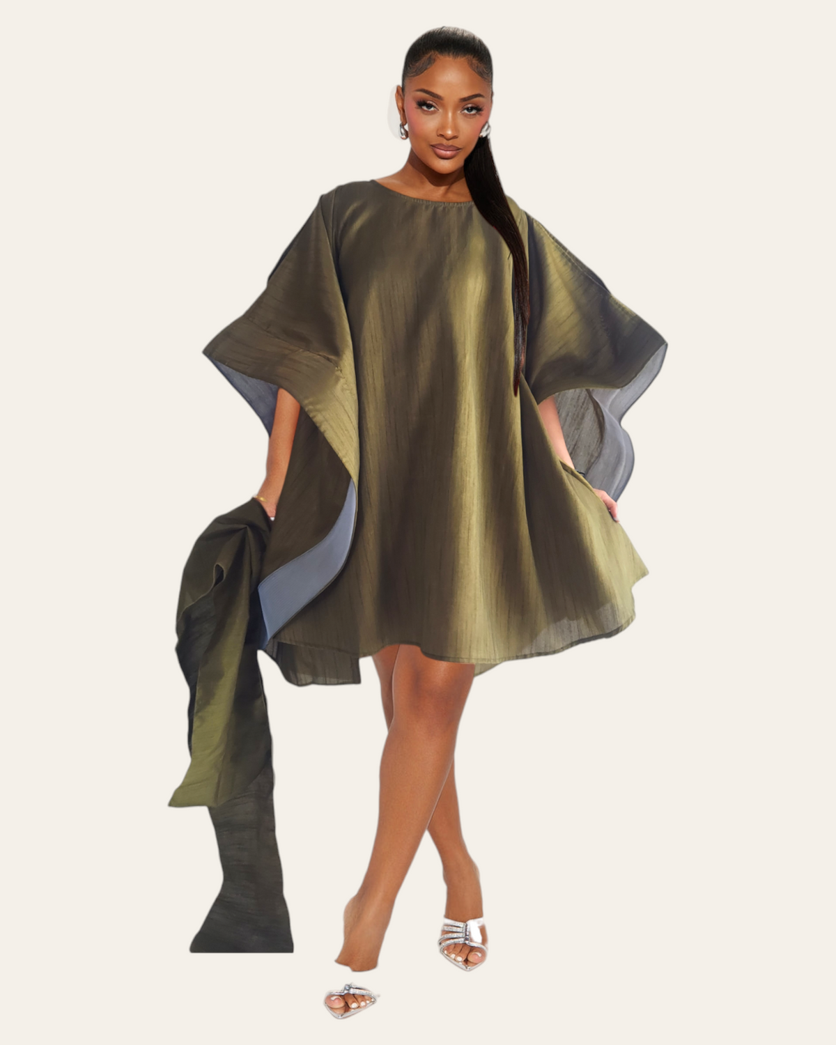 Wing Dress/Faux Silk/Poncho Dress/ Wing Sleeves- 25032 Olive