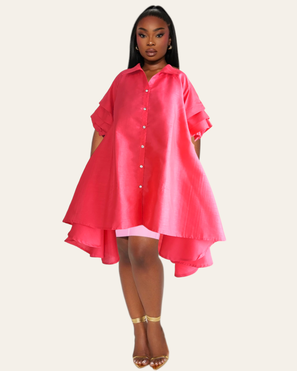 Swing Dress/ Faux Silk/ Ruffle Sleeve - 25013 Coral