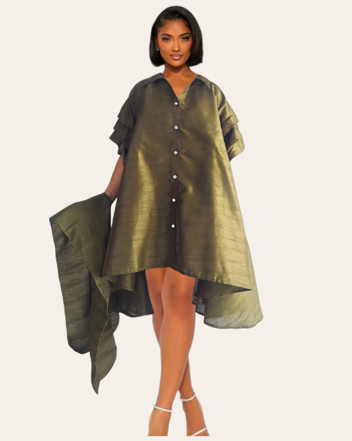 Swing Dress/ Faux Silk/ Ruffle Sleeve - Olive 25013