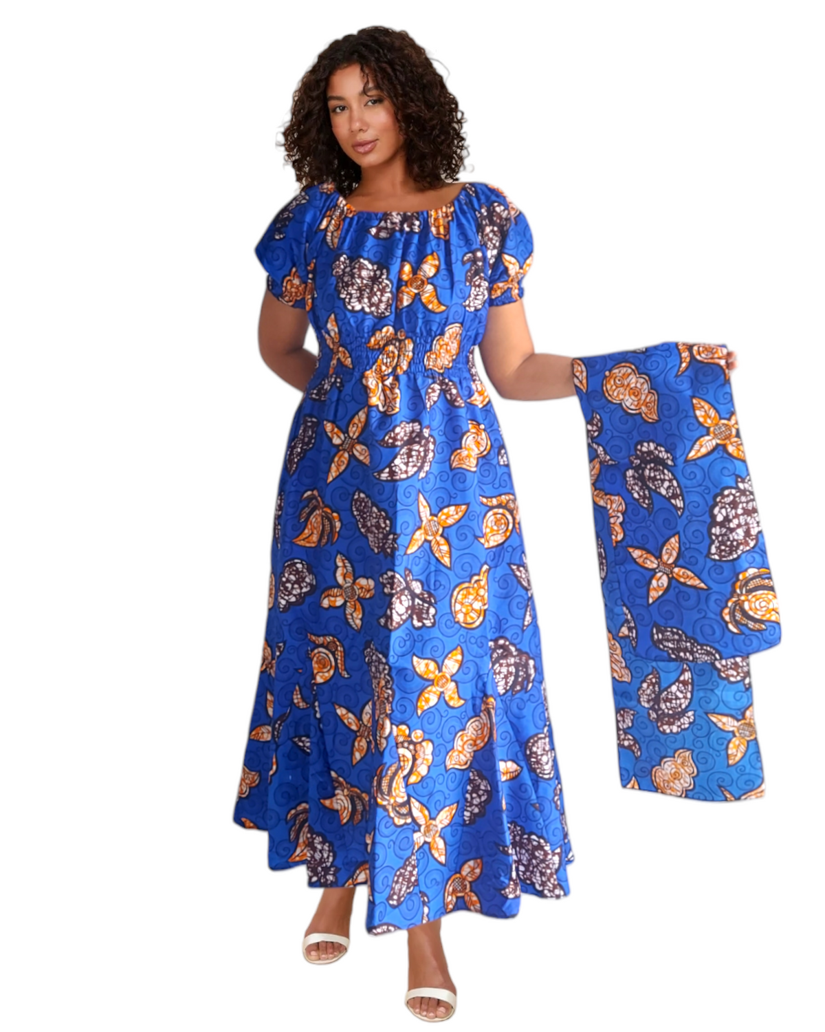 Long Printed Maxi Dress /short puff sleeve