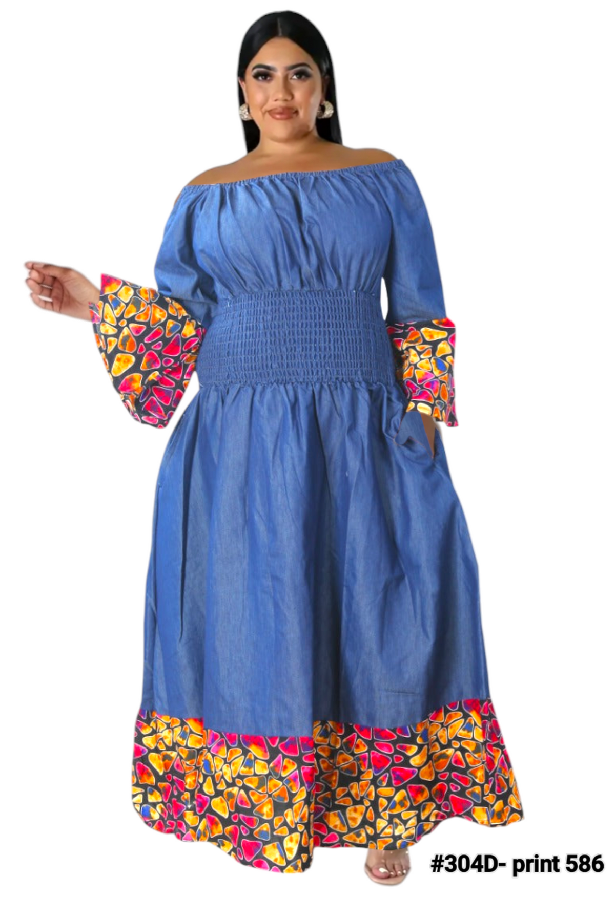 Smock Waist Long Denim Dress/ Printed Border- 304D