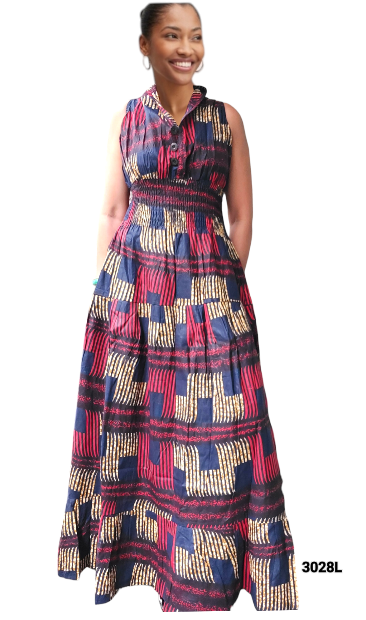 3028L  Long  Smocked Dress/ Printed- Navy/Red