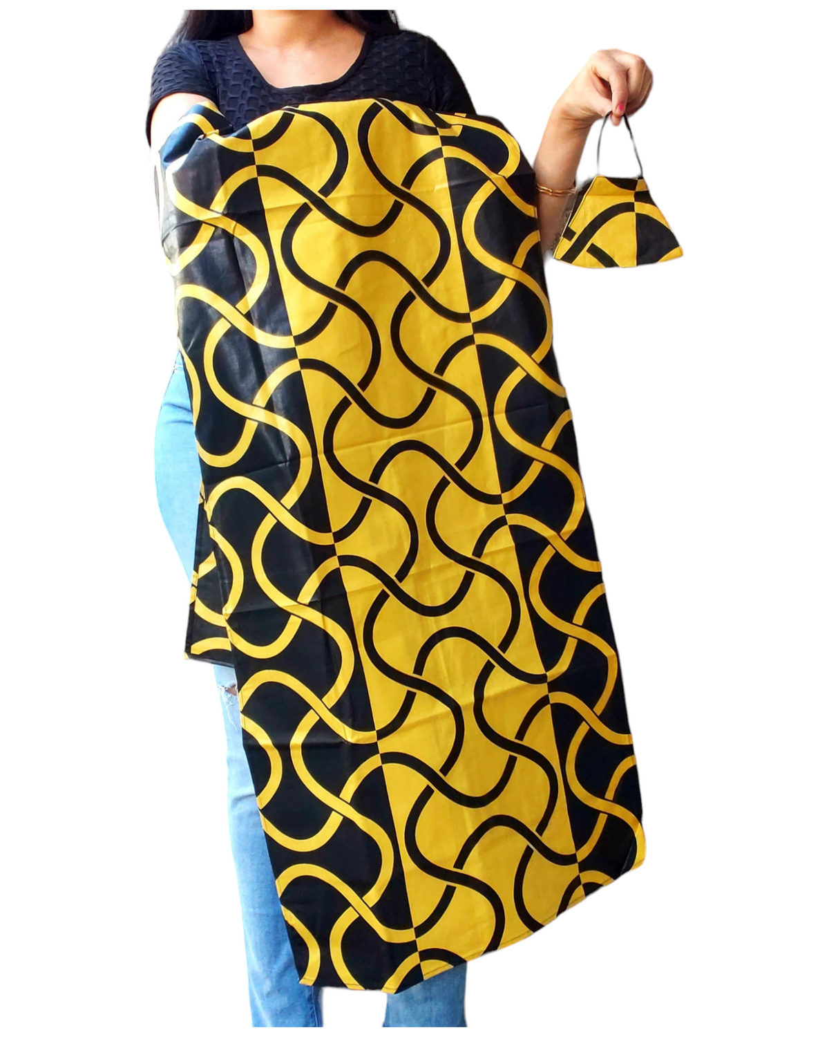 African Shawl/ Headscarf With Matching Mask- Black/Gold