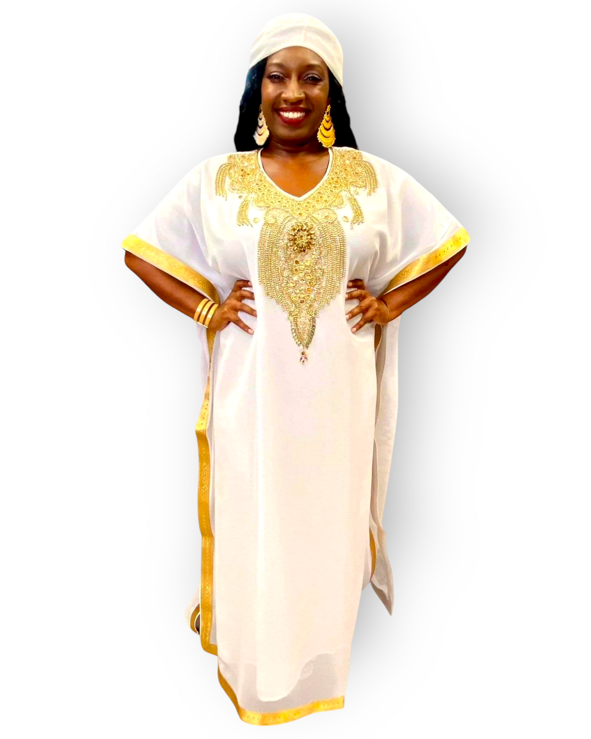 Beaded kaftan Dress With Gold Border - white