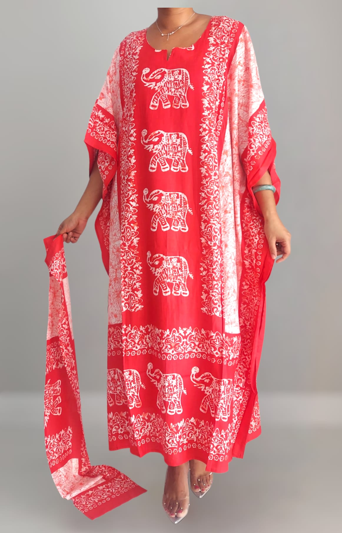 K1000 Women Elephant Print  Kaftan Dress - Red