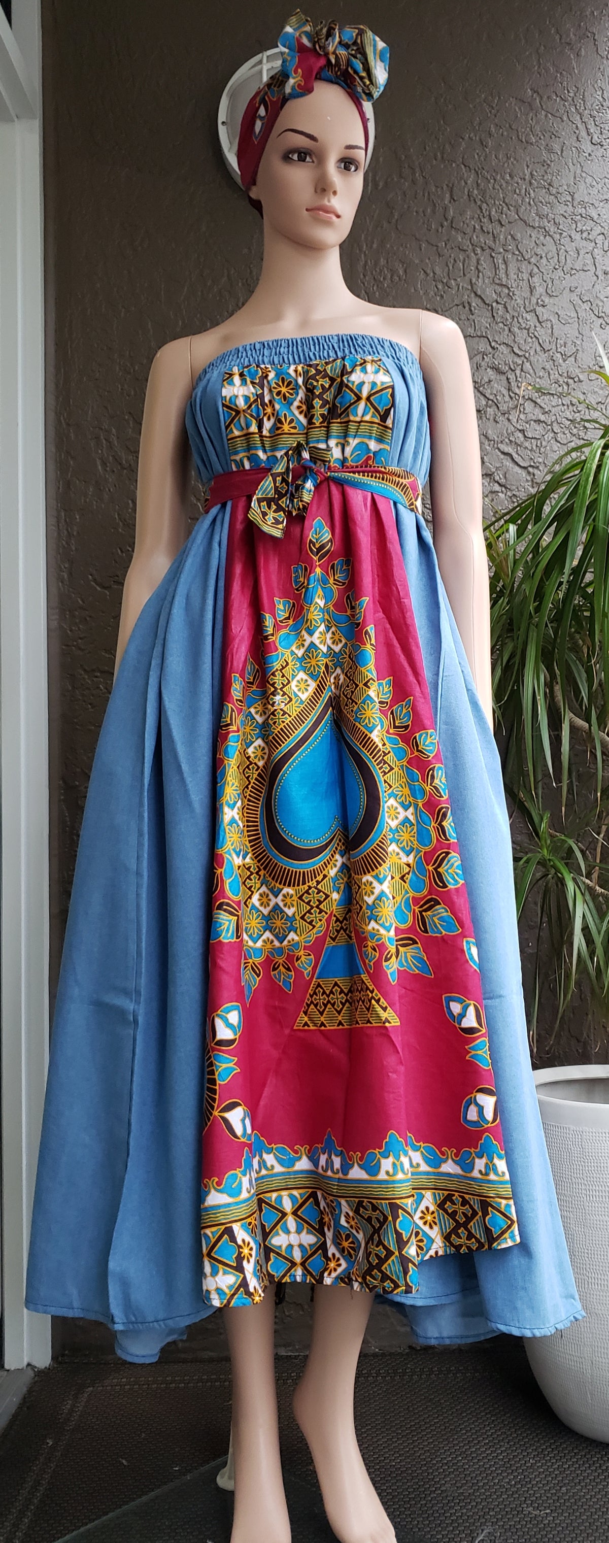 African Star Long Maxi Skirt- Denim/Fuchsia