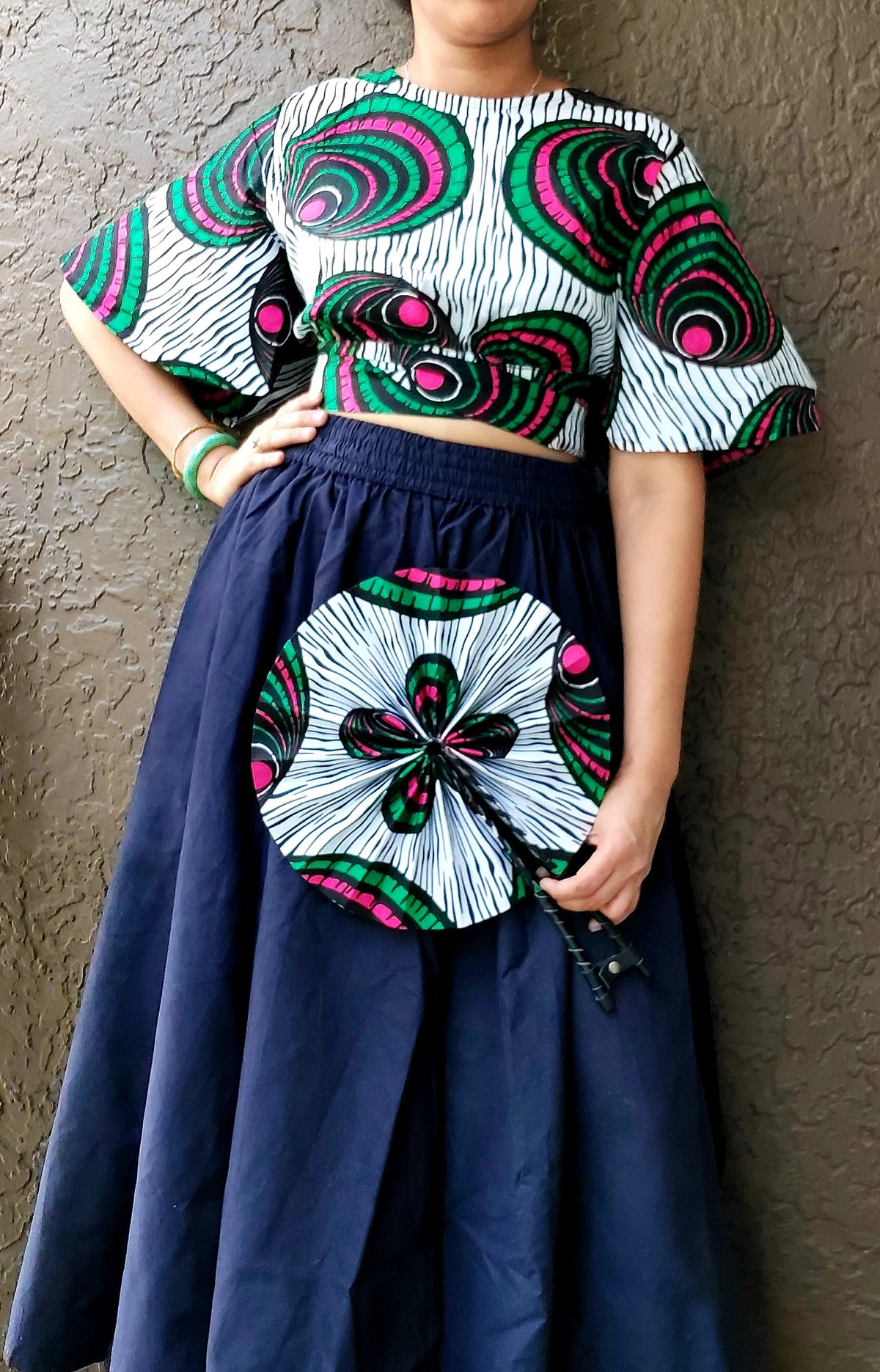 Crop Top/Fan/Skirt / African Print/White