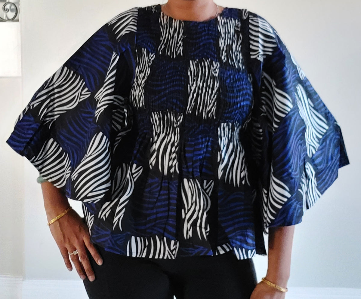 19 Ladie's African Print Smock & Flare Blouse & Head Scarf - Blue