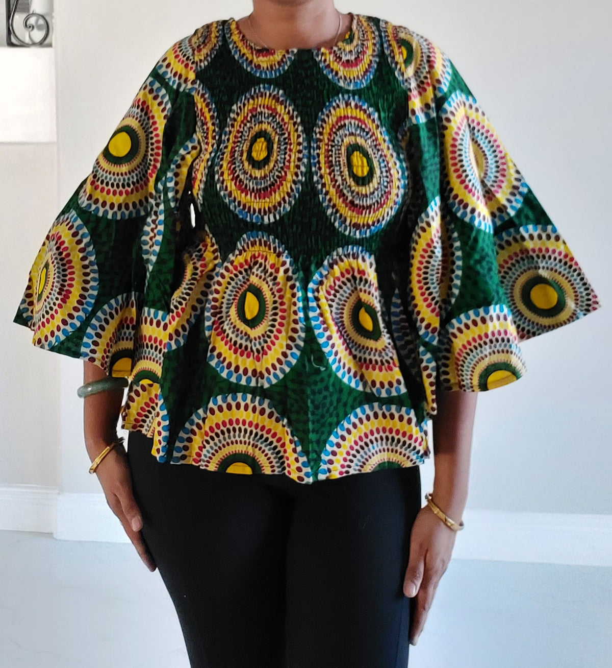 19 Ladie's African Print Smock & Flare Blouse & Head Scarf- Green