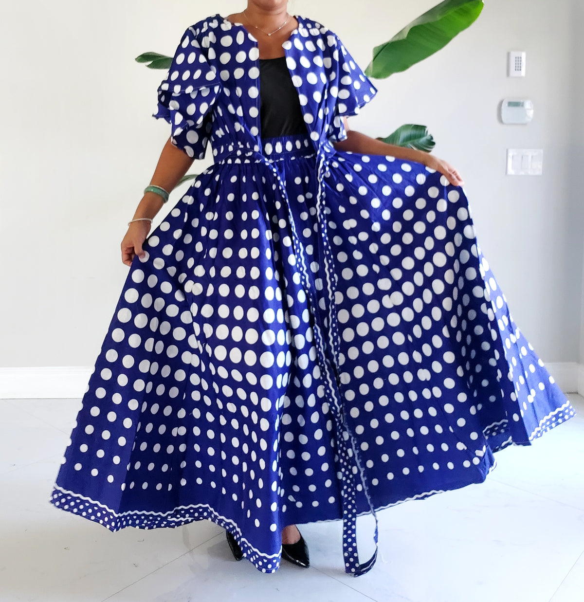 Women Skirt & Crop Top / Polka-Dot/Royal Blue/White