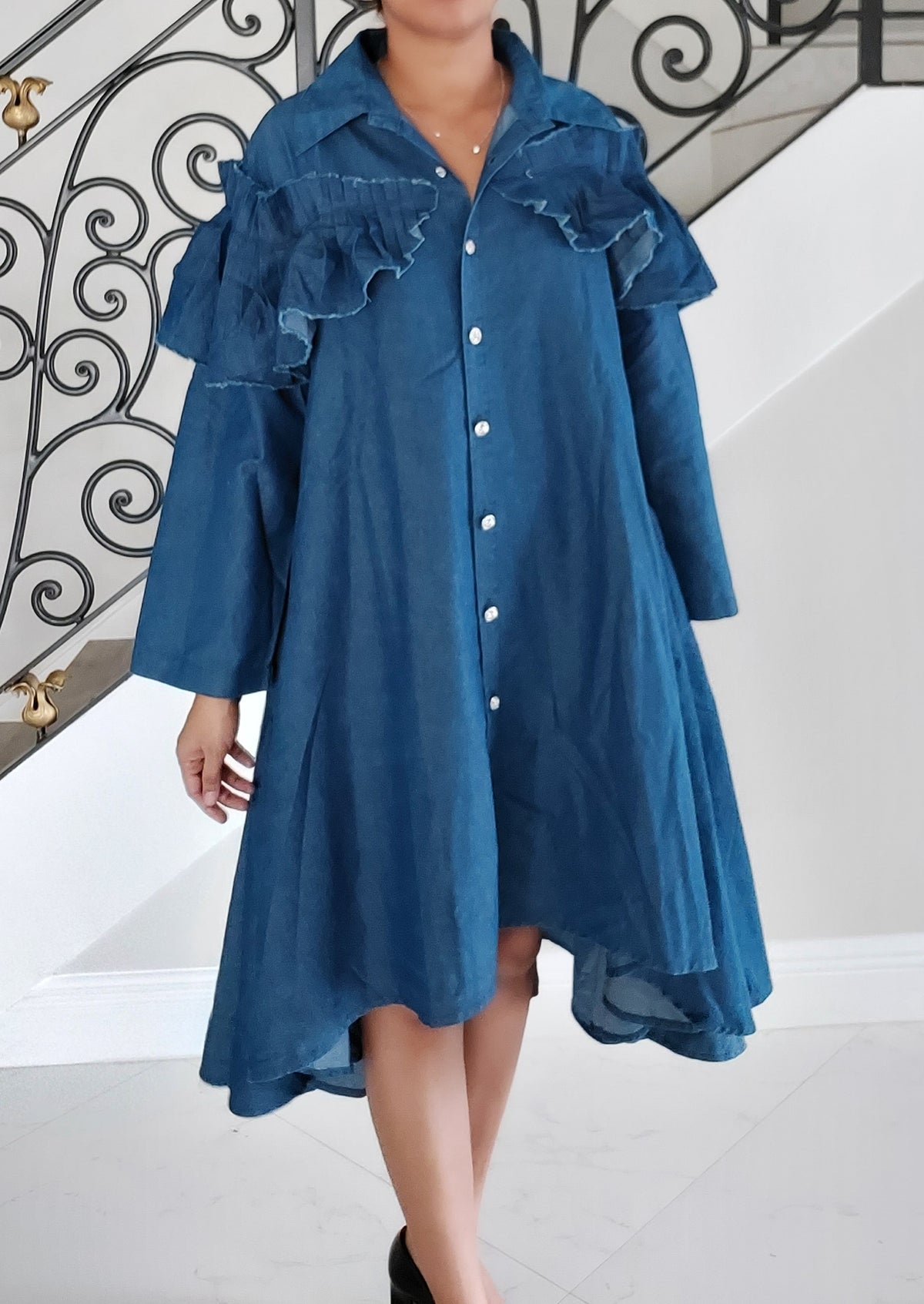 Swing Dress With Fringe - Blue Denim