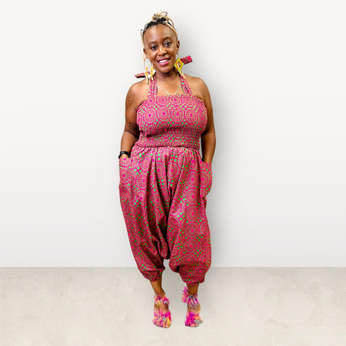 202 Jumpsuit/ Pants/African Romper - Fuchsia/Green