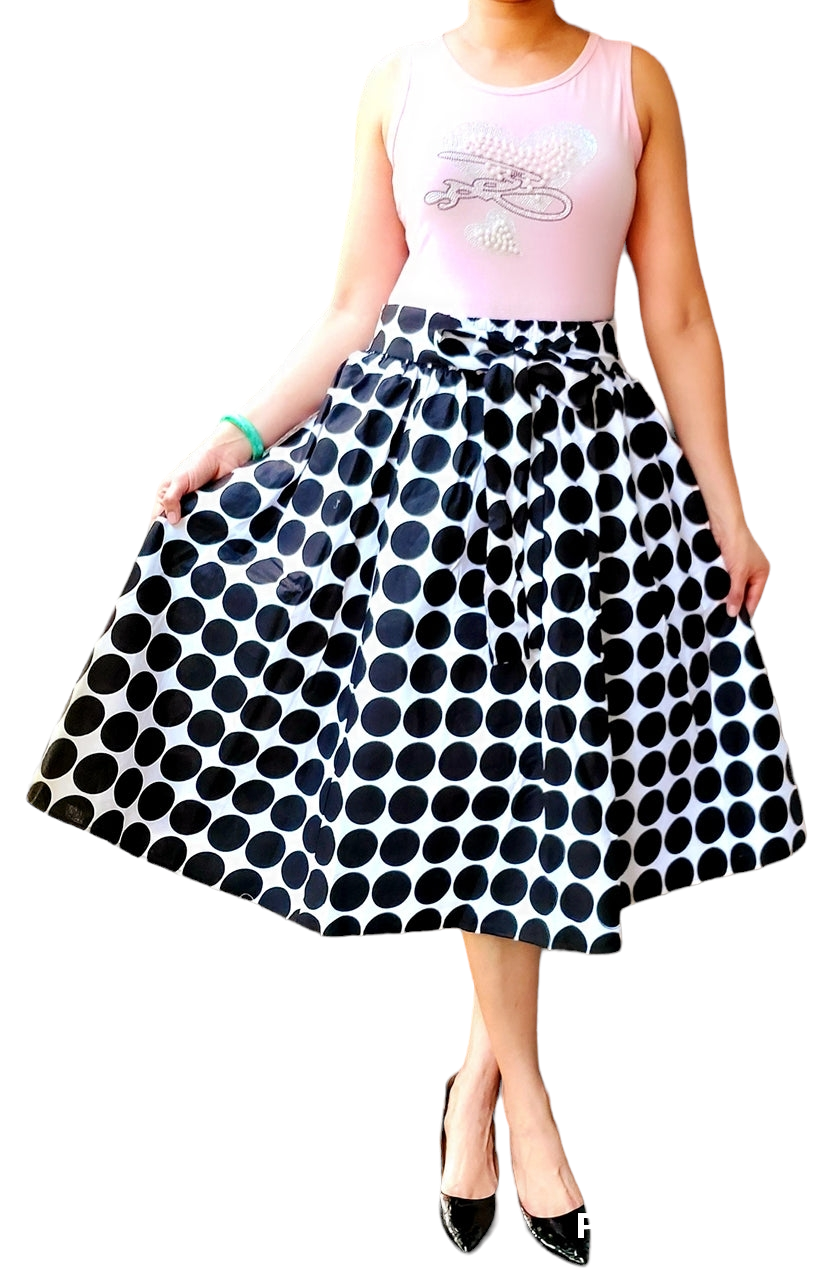 AA530 -Woman Mid Length Skirt - Black/ White Polkadot