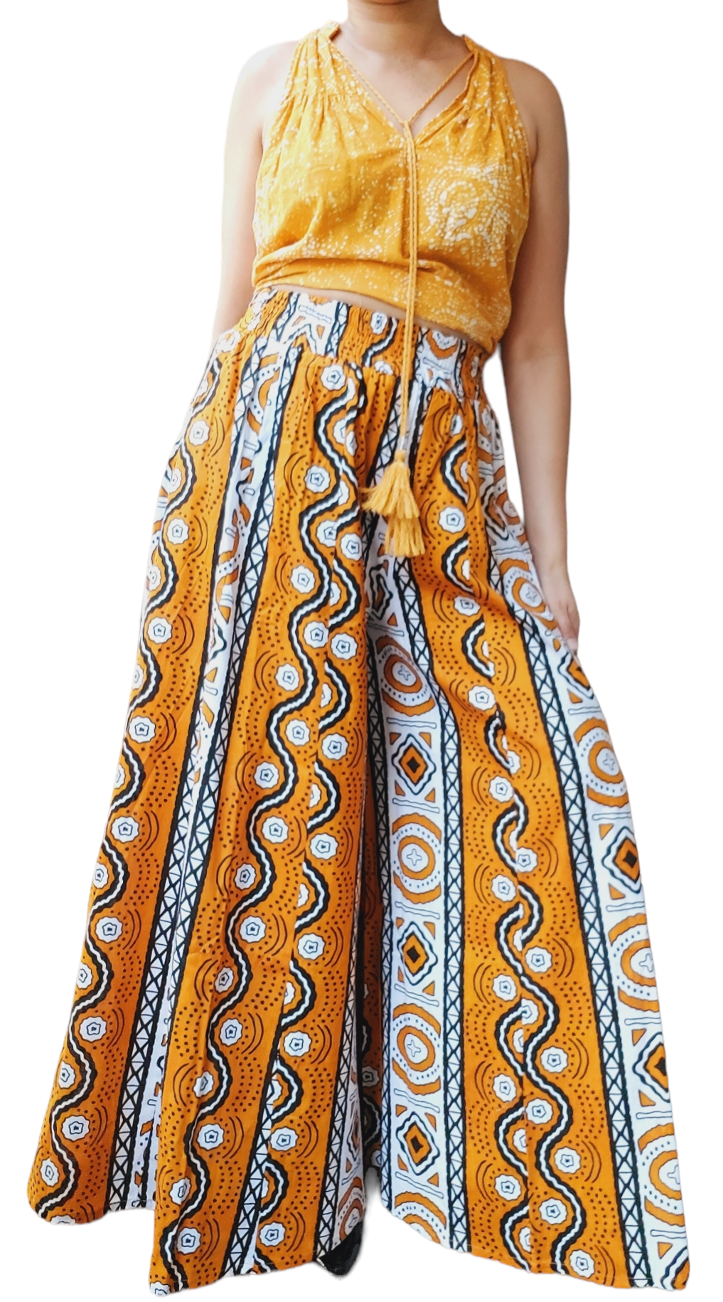 303 African Print Palazzo Pant- Mustard Tribal