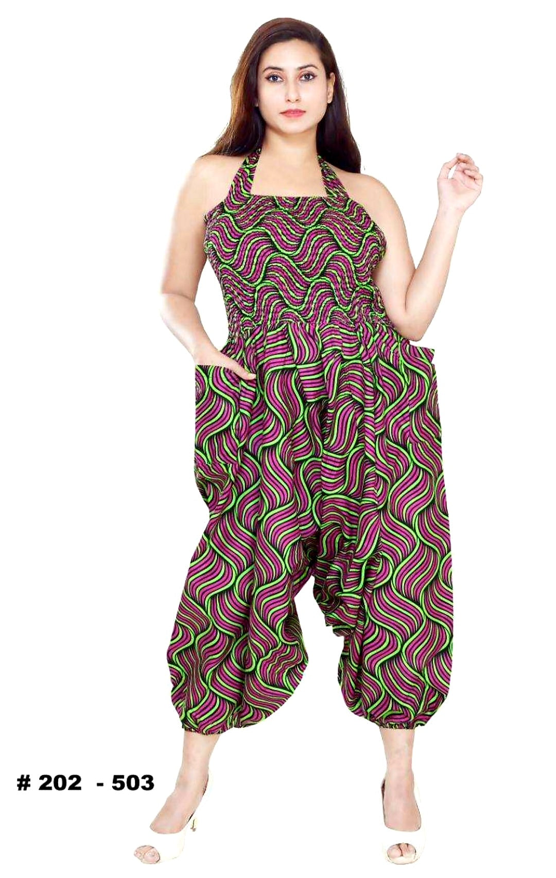 Jumpsuit/ Pants/African Romper - Magenta/Green 202