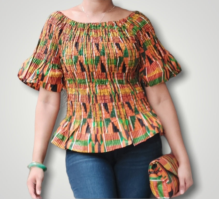 Ladie's African Print Smock & Flare Blouse- Orange Kente