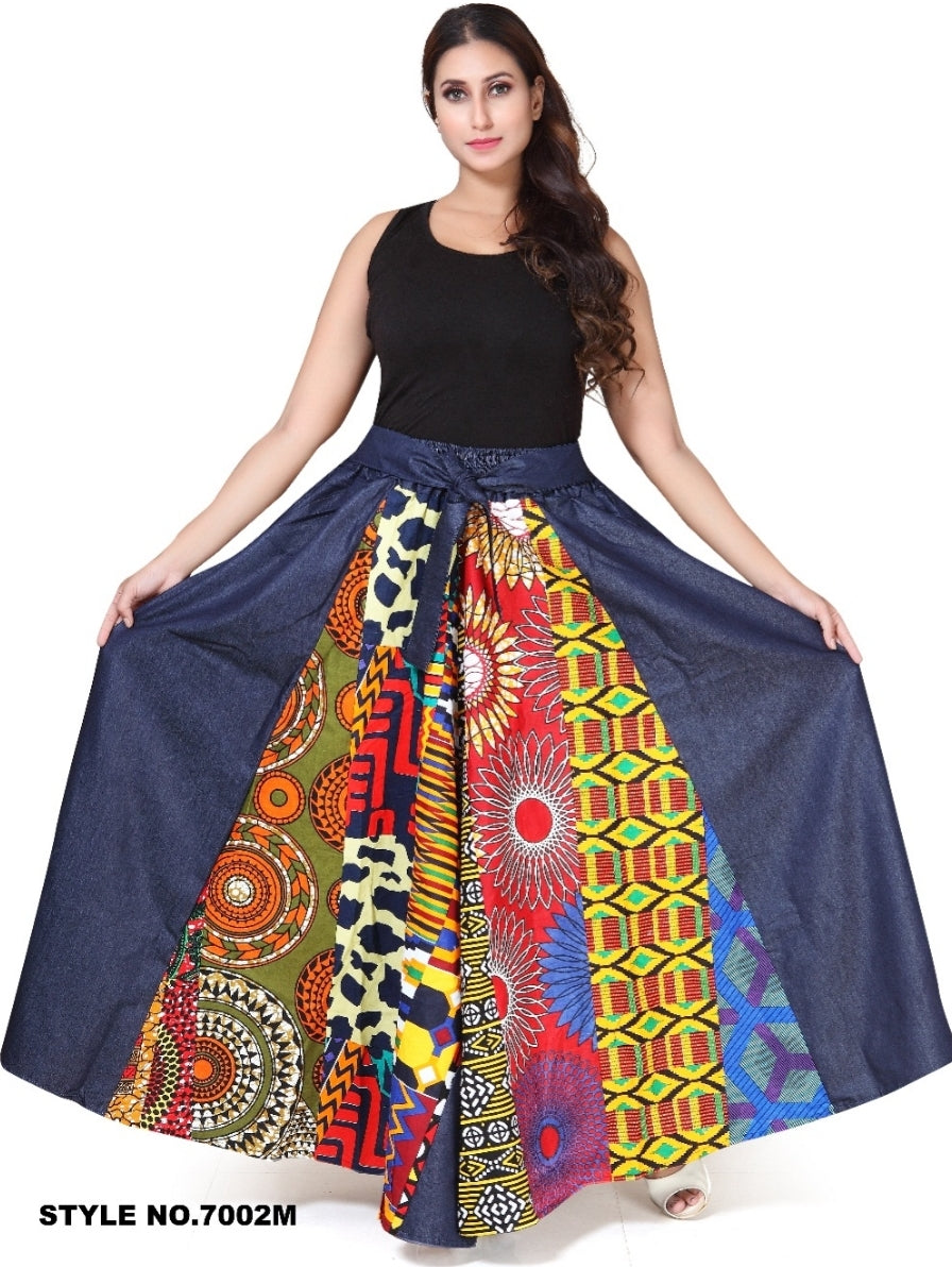 Women Long Denim Panel  Patch Skirt- 7002